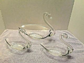 Vtg Duncan & Miller (3) Clear Glass Swan Bowls/dish 1 Large 2 Small Matching