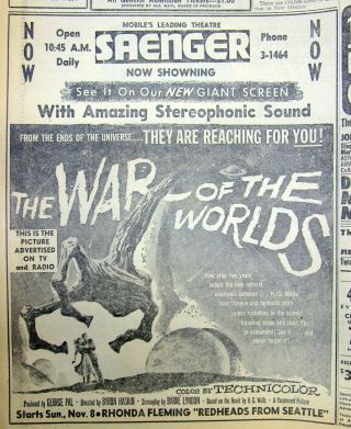 1953 Newspaper With A Large Illustrated Ad For The Movie The War Of The Worlds