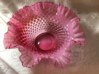 Vintage Fenton cranberry and Opalescent hobnail large ruffled bowl pink color 2