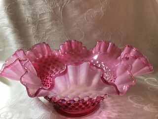 Vintage Fenton cranberry and Opalescent hobnail large ruffled bowl pink color 3