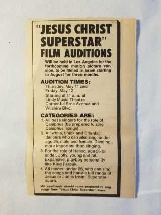 Vintage Ad Jesus Christ Superstar Film Auditions 1972 La Press Unframed