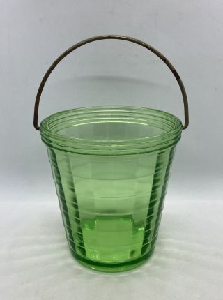 Vintage Depression Green Squares Glass Uranium Metal Handle Ice Bucket 5.  5”