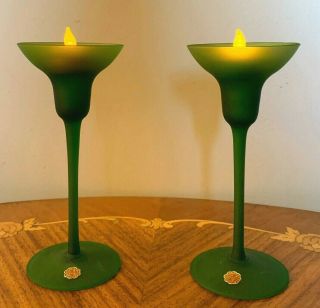 Mid Century Green Frosted Empoli Tall Stemmed Candleholders