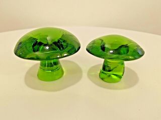 Vintage Viking Glass Mid Century Two Green Art Glass Mushrooms