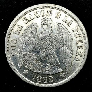 Chile 1882 So (doubled 8) (25 Gram) Un (1) Peso Silver Coin Bu/ms Km 142.  1rare