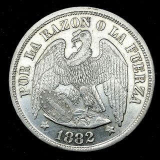 CHILE 1882 So (Doubled 8) (25 GRAM) UN (1) PESO SILVER COIN BU/MS KM 142.  1Rare 3