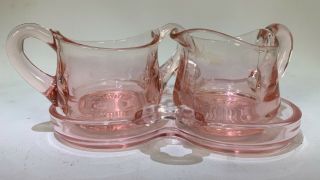 Vintage Pink Depression Glass Creamer & Sugar Bowl In Caddy W/ Handled Tray