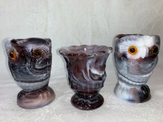 Vintage Imperial Dark Purple Slag Glass Owl Cream And Sugar Set Toothpick Holder