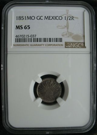1851 Mo Gc Mexico Silver 1/2 Real Ngc Ms - 65