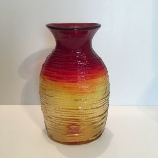 Mid Century Blenko Glass Textured Ribbed Amberina Vase