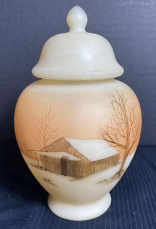 Fenton Art Glass Burmese " Log Cabin In The Woods " Ginger Jar Signed (h J Curry)
