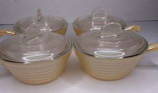 Fire King Set Of 4 Peach Luster Chili Soup Bowls With Lids Handle Beehive