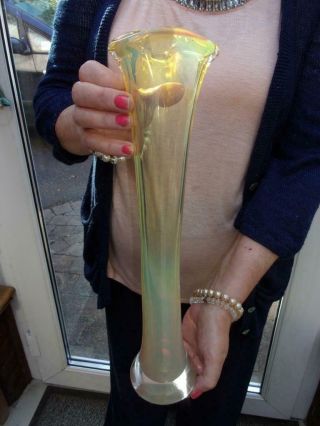Tall Studio Glass Vase Vaseline Not Sure Of Age 14.  5 " (37cm) Lovley
