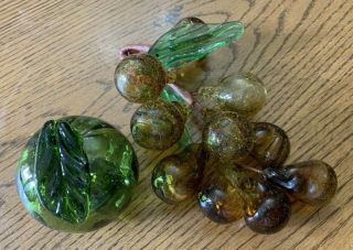 Vintage Mid Century Modern Hand Blown Glass Grape Cluster And Apple Leaves Japan
