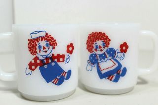 2 Vintage Raggedy Ann And Andy Mug Coffee Tea Cup White Milk Glass G1