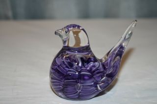 Bird Paperweight Art Glass (signed Joe Rice 2005) Purple Ribbon Swirls