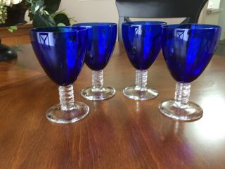 Four (4) Cobalt Blue Wine Glasses Water Goblets Clear Ribbed Stem 5 5/8 "