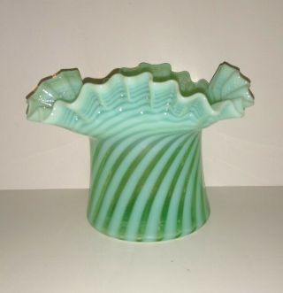 4 " Tall Fenton Square Top Hat Vase Green Opalescent Spiral Optic Swirl