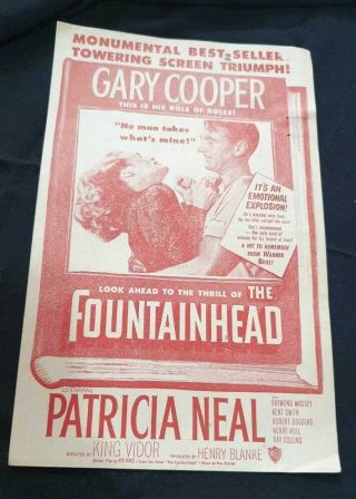 Old Vintage Paper Movie Herald Of " The Fountainhead " From Usa 1950