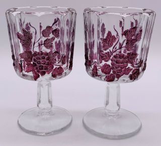 Set Of 2 Vintage L G Wright Panel Cordials Glasses Raised Purple Grapes W/ Vines