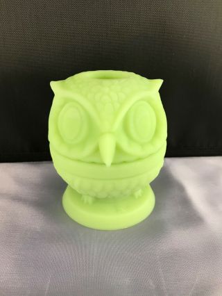 Fenton Uranium Satin Custard Glass Owl Fairy Lamp Light Green 2 Piece Glows