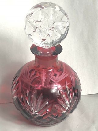 Vintage Bohemian Czech Art Glass Red Cut To Clear Perfume Bottle With Stopper