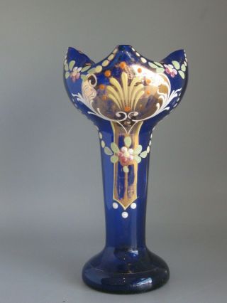 Antique Bohemian Czech Art Glass Blue Enameled Gold Gilt Glass Vase Moser? 7.  25 "