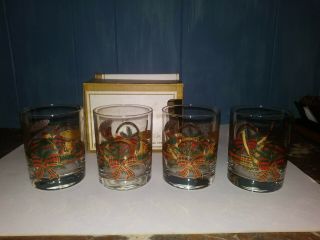 Set Of 4 Vtg Double Old Fashioned Glasses Culver Yule Horn Christmas Gold W/ Box