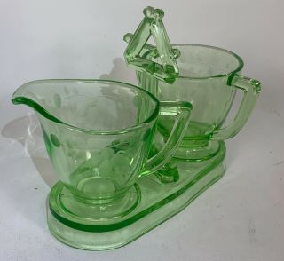 Vintage Green Depression Glass Creamer & Sugar Bowl In Caddy W/ Handled Tray