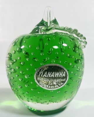 Vtg Kanawha Art Glass Apple Paperweight Fruit Green W/ Small Controlled Bubbles