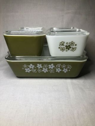 Vtg Pyrex Olive Green Crazy Daisy 8pc Refrigerator Casserole Dish Set