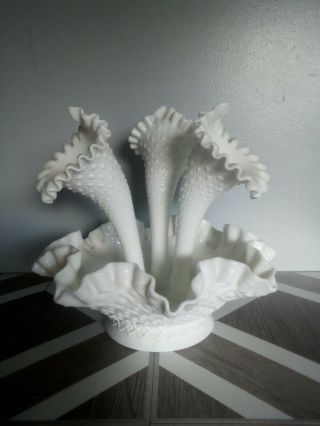 Vintage Fenton White Milk Glass Epergne Horn Bowl Centerpiece Vase