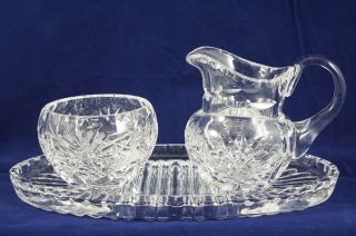 Vintage American Brilliant Cut Glass Creamer & Sugar With Oval Dish Crystal Set