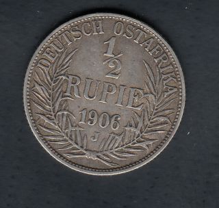 1906 J German East Africa 1/2 Rupie Silver Coin