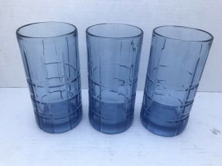 Set (3) Anchor Hocking Tartan Blue Glass Iced Tea Water Tumbler Glasses - 6 1/8 "