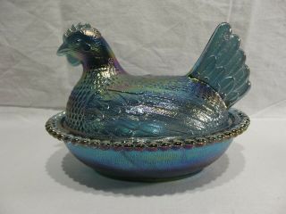 Indiana Glass Blue Carnival Hen On Nest Chicken Covered Candy Dish Iridescent