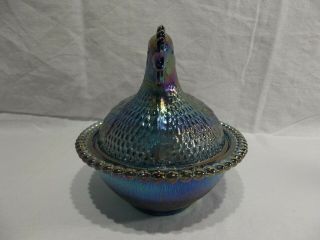 Indiana Glass Blue Carnival Hen on Nest Chicken Covered Candy Dish Iridescent 2