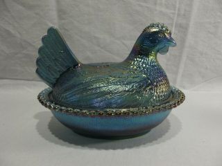Indiana Glass Blue Carnival Hen on Nest Chicken Covered Candy Dish Iridescent 3