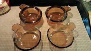 4 V - 150 - B Vintage CORNING VISIONS Amber HEAT n EAT GRAB IT Bowls Lids Pyrex USA 2