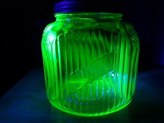 Rare Antique Large Uranium Glass Vaseline Jar W/ Lid,  Giant Baking/mason Vintage