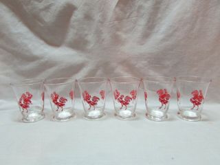 Vintage Set Of 6 Libbey 3 Red Roosters Flared Juice Glasses