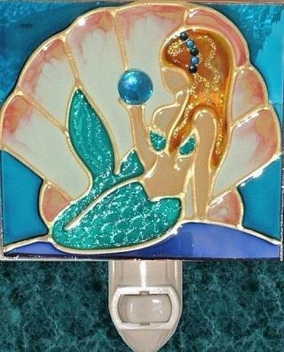 Mermaid Night Light Wall Plug In Stain Art Glass Coastal Beach Artist Gift Decor 2