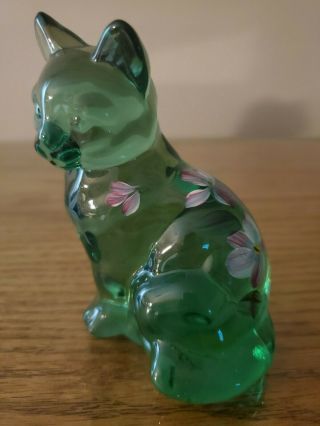 Fenton Hand - Painted Green Cat With Lavender Flowers