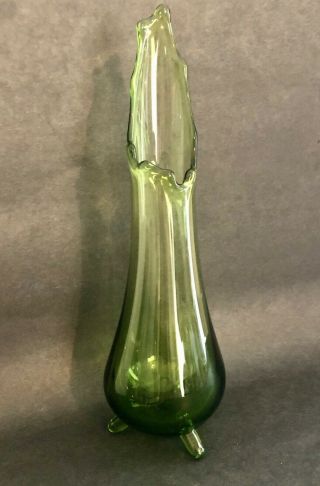 Vintage Mid Century Modern Swung Glass Vase Green Footed Tripod LE Smith MCM 2