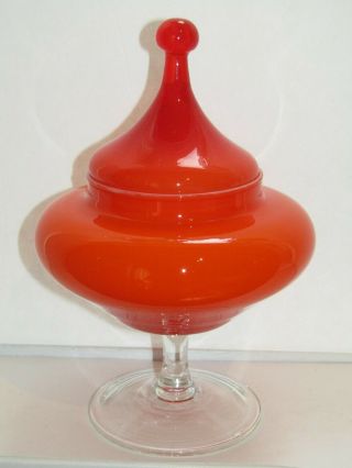 Vtg Empoli Italian Cased Glass Apothecary Candy Jar With Circus Tent Lid Orange