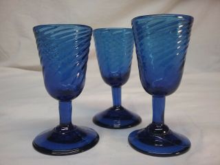 Set Of 3 Cobalt Blue Hand Blown Swirl Glasses Cordial Short Sherry Mexico