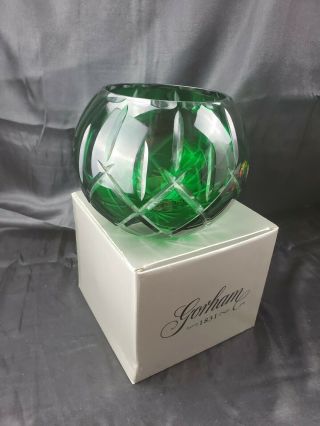 Gorham Diamond And Stripe Lady Ann Rose Bowl Cased Cut To Clear Emerald Green 7 "