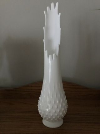 Vintage Bottom Marked Fenton Stretch White Milk Glass Hobnail Swung Vase 14 "