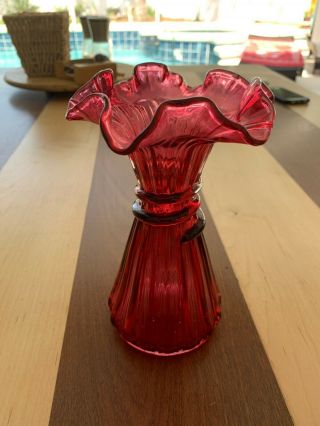 Vintage 1982 Fenton Country Cranberry Glass 8 Inch Tall Wheat Vase
