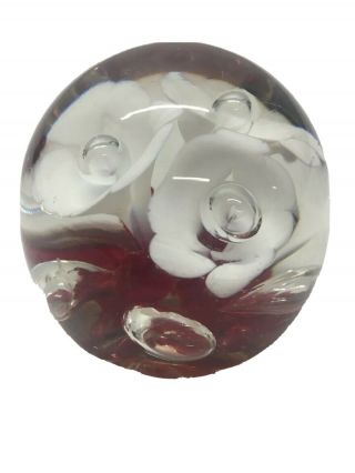 Vintage St Clair Red White Trumpet Flower Bubble Center Paperweight Art Glass